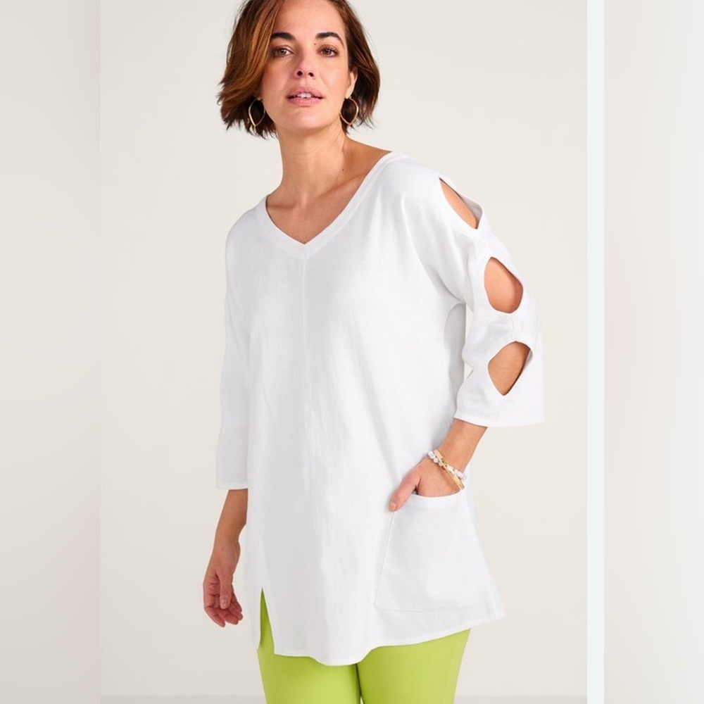 Soft Surroundings White Gabby Gauze cotton top w/ arm, cut outs size large